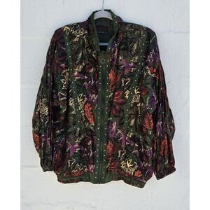 Vintage Mureli Silk Bomber Jacket Womens Large Green Fall Print Quilted Artsy